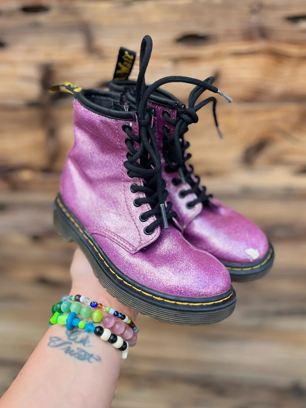 DR.MARTENS | Sparkle Pink Combat Boots with Black Laces 11